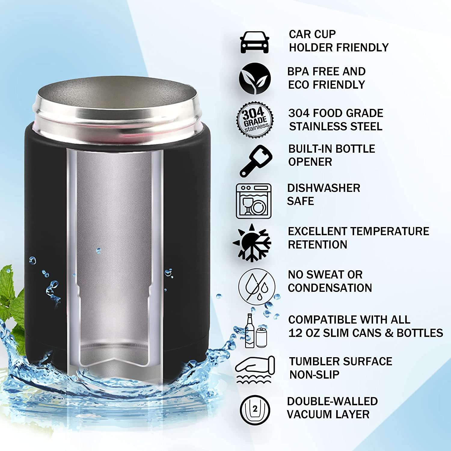 FROSTIFY Stubby Holder | 3 in 1 Alloy Steel Wine Chiller - Premium Insulated Beer Bottle Holder and Can Cooler with Beer Opener for Beer Lovers | Keep Your Beer Colder (Black) image number 1