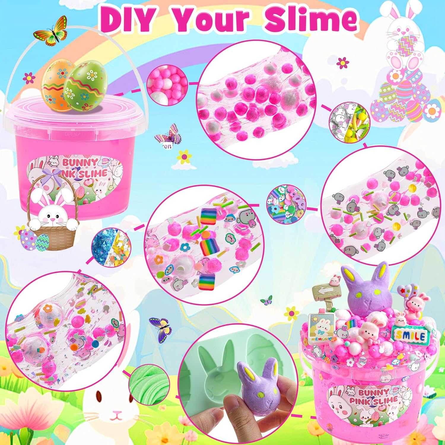 Bunny Clear Slime 300Ml, Pink Clear Slime Kit for Girls Ages 8-12 with 8 Add-Ins, Slime for Kids Party Favors, Non Stick Slime with Easter Eggs Clay, Birthday Halloween Christmas image number 5