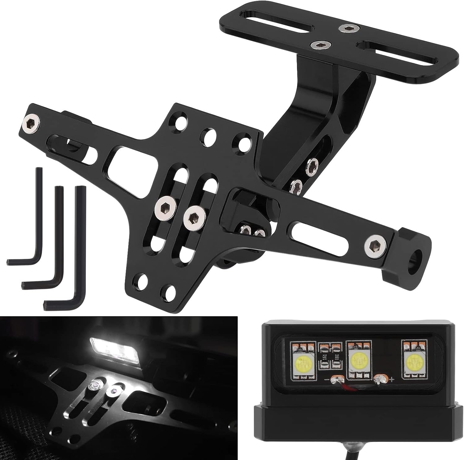 Windance Motorcycle License Plate Bracket,Universal Adjustable Fender Eliminator Kit, CNC Aluminum Tail Tidy Holder with LED Light (Black)