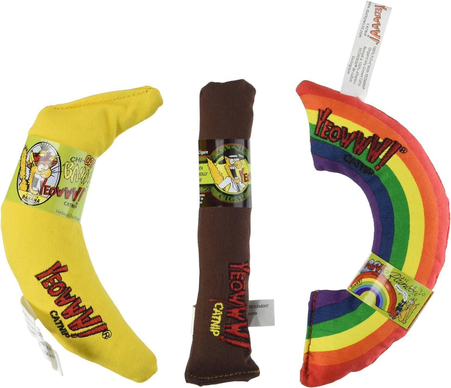 YEOWWW! Organic Catnip 3-Toy Variety Pack with Rainbow, Banana, and Pollock