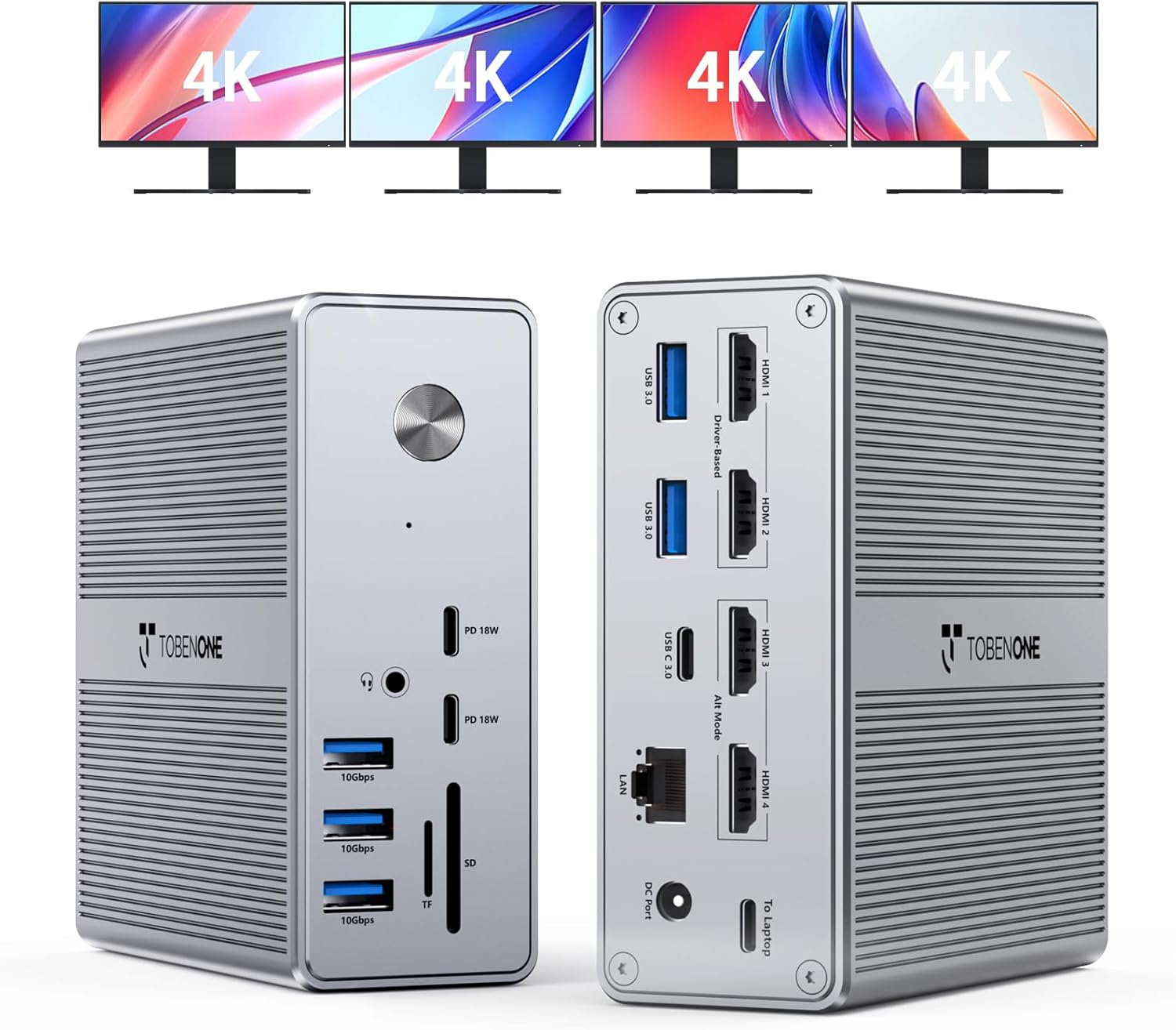 Tobenone Displaylink Docking Station 4 Monitor with 4 HDMI, 18-In-1 Quad/Triple 4K@60Hz Display Dock with 120W Power Supply for Thunderbolt 5/4/3, USB4, USB-C Windows, Macbook(8 USB, Ethernet, Etc) image number 3