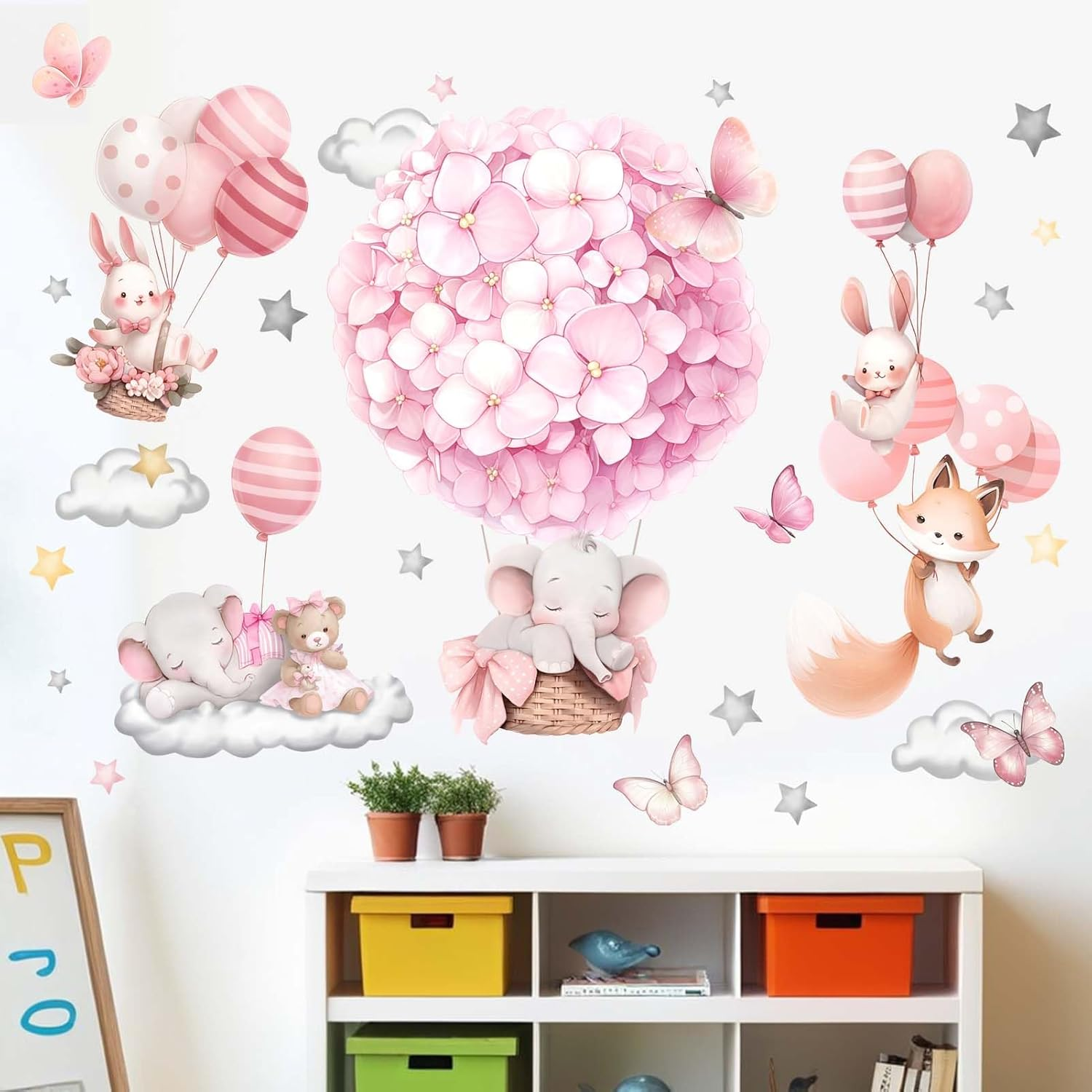 Amimagen Animals Hot Air Balloon Wall Stickers - Elephant Bear Fox Wall Decals - Girls Bedroom Baby Nursery Kids Room Wall Decor image number 3