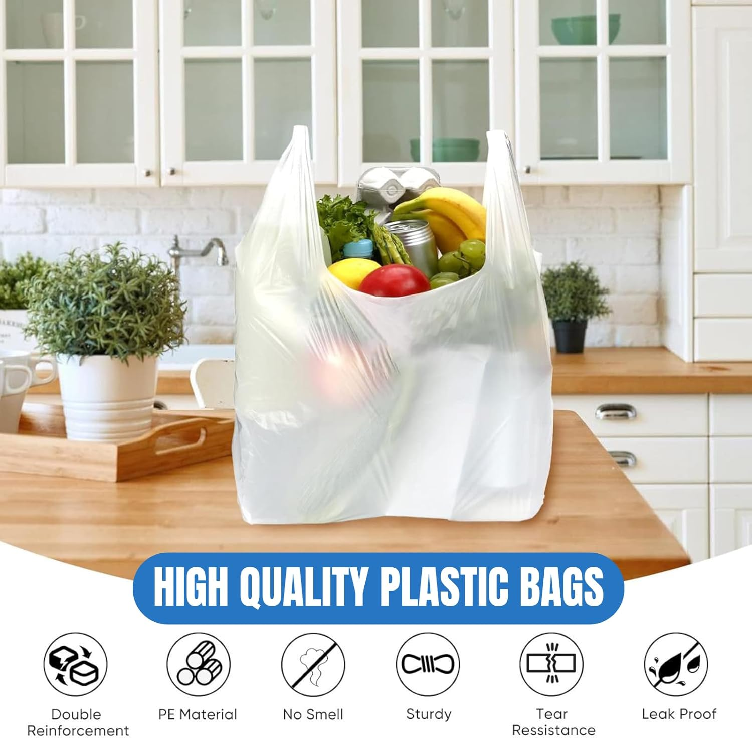 Plastic Bags, 100 Count T Shirt Bags, JOMWEN Plastic Bags with Handles for Grocery Shopping & Small Business, Heavy Duty Recyclable White Bag, 30Cm X 48Cm image number 4