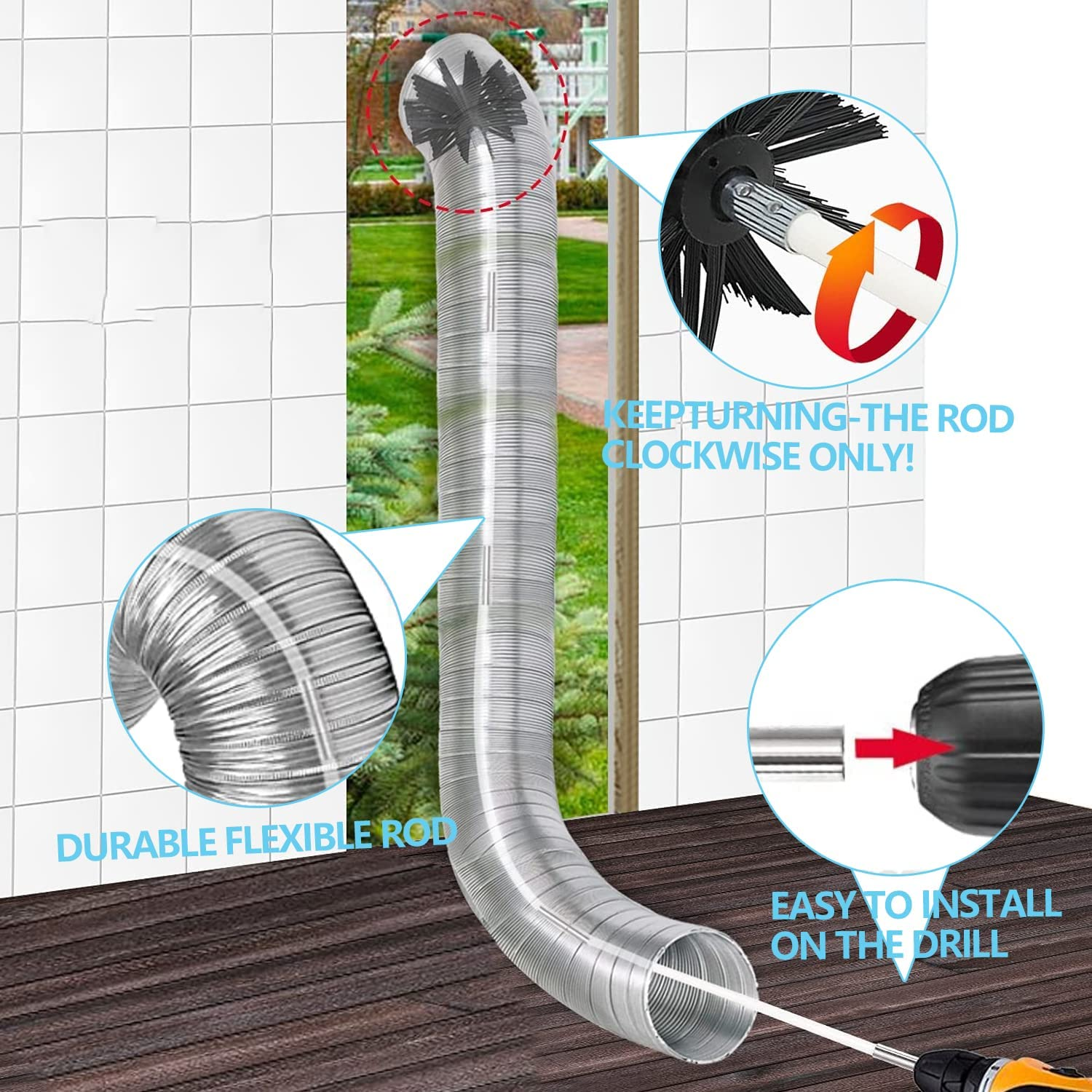 21.5Ft Chimney Cleaner Brush Kit, Duct Vent Rotary Cleaning Set,With 16 Flexible Rods, Brush Head, Gloves, Hexagonal Bar Chimney Sweep Kit for Fireplace/Dryer Vent/Sewage Pipe (Sets of 19Pcs) - Sets Of 12Pcs image number 4