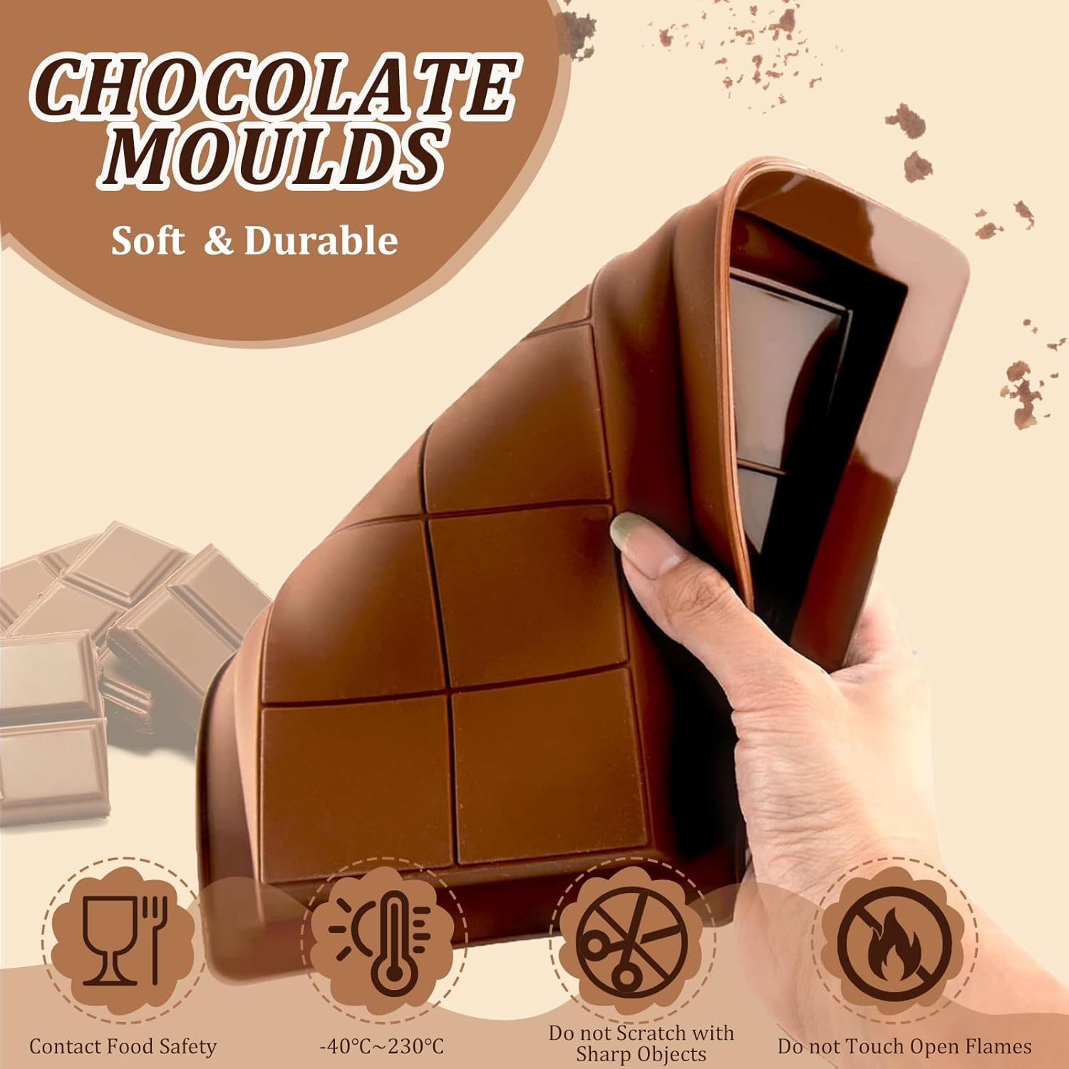 Deep Chocolate Bar Moulds Silicone 2 Pcs Big Chocolate Bar Deep Chocolate Mould Thick Chocolate Mould Candy Moulds (Chocolate-2Pcs) image number 5