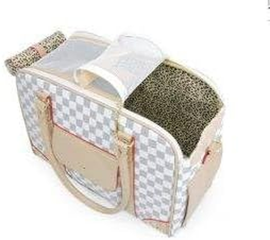 Luxury Travel Pet Carrier Tote, Checkerboard Pattern, White and Gold, for Small Dog, Tote Dog Bag for Puppy image number 2