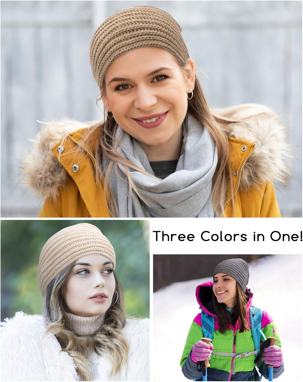 3Pcs Womens Winter Hats, Beanie Hat for Women, Knit Hat Slouchy Beanies Wool Hat, Warm Turban Hat Thick Chemo Caps for Cancer Patient, White Gray Brown, Buff, Grey, Coffee, One Size image number 4