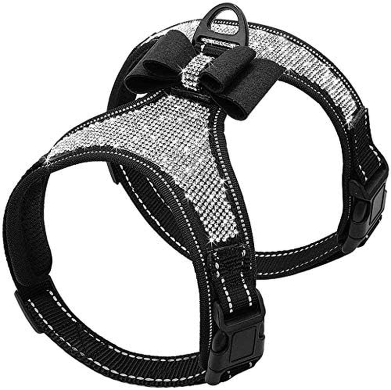 Beirui Rhinestone Dog Harness - No Pull Reflective Bling Nylon Dog Vest with Sparkly Bow Tie for Small Medium Large Dogs Walking Party Wedding,Black,S