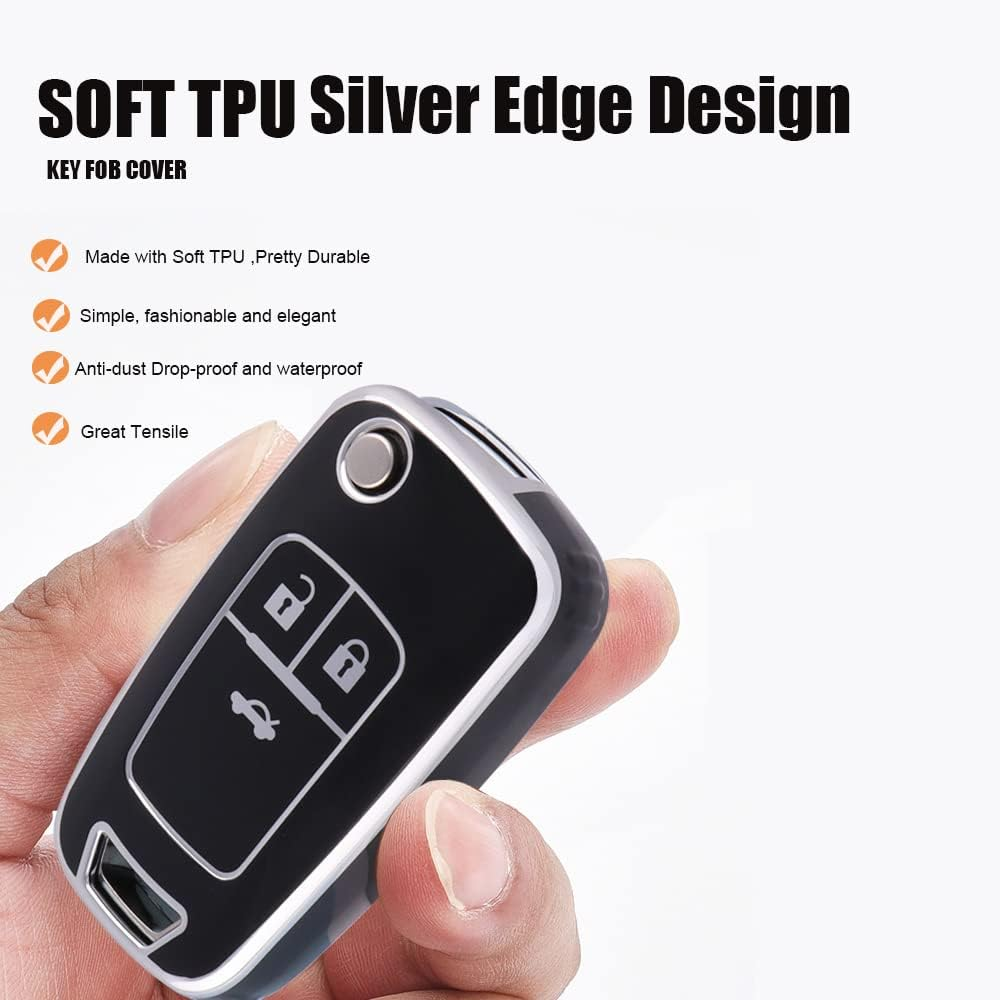 HIBEYO Key Fob Cover Compatible with Chevrolet Cruze Aveo Trax Sail Malibu Captiva Opel Vauxhall Astra J Corsa Insignia Mokka Key Case Holder Flip 3 Button with Leather Keychains-Black