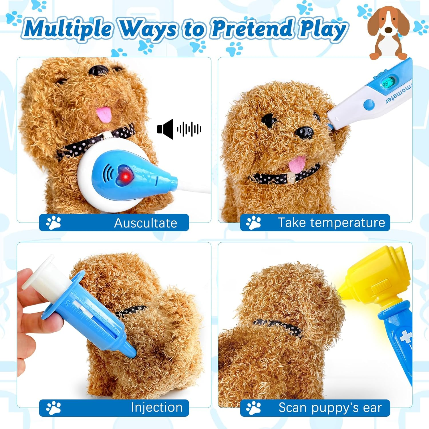 PELOSTA 34PCS Doctor Kit for Toddlers 3-5, Pretend Play Doctor Play Set with Dog Toy, Doctor Costume, Carrying Bag, Stethoscope, Dress up Toys for Kids Boys Girls Aged 3 4 5 6 7 8 (Blue) image number 2