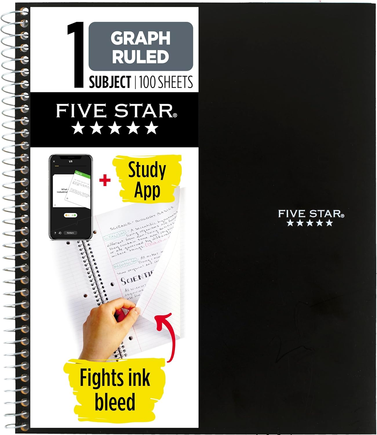 Five Star Spiral Notebook, 1 Subject, Graph Ruled Paper, Fights Ink Bleed, Water Resistant Cover, 8-1/2" X 11", 100 Sheets, Black (73679)