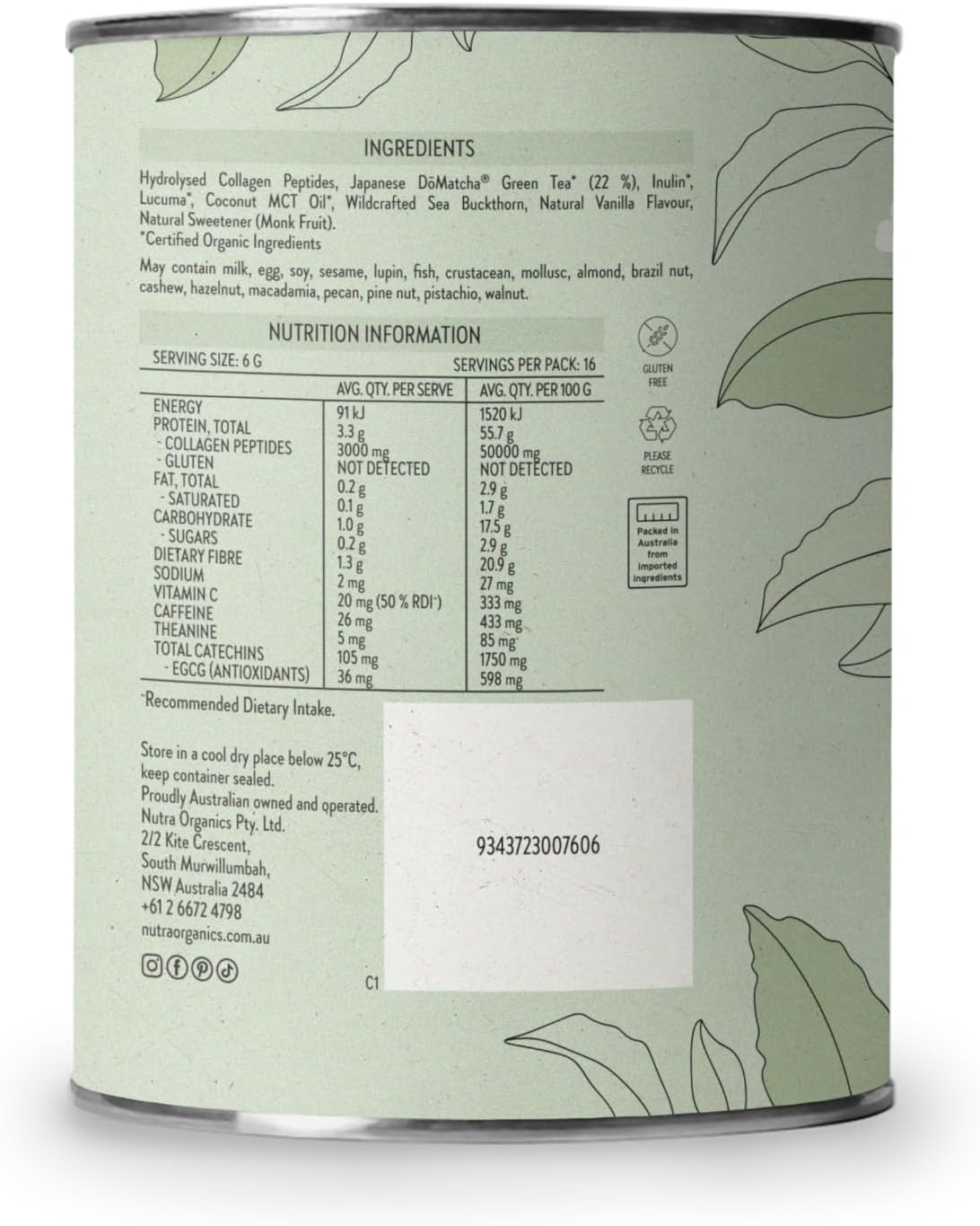 Nutra Organics Collagen Matcha Latte 100G | Antioxidant with Collagen Peptides | for Glowing Skin, Sharpen & Vitalise Mind (16 Serves) image number 2