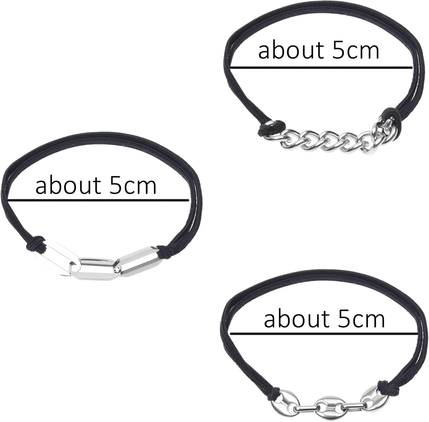 Eco-Fused 3X Bracelet Hair Ties - Elastic Decorative Jewelry Ponytails - Fashionable Wear on Wrist Ties - for Men, Women, Girls, Teens (Black with Silver Metal Chain) image number 5