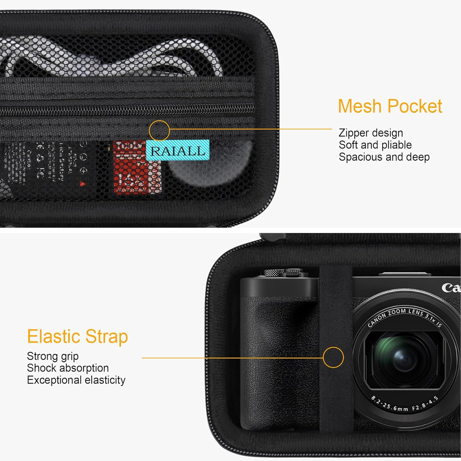 RAIALL Camera Case for Canon Powershot V1 Digital Camera, Powershot V1 Vlogging Camera Travel Hard Bag, Protective Storage Cover Holder for Batteries, SD Card, Cable and Memory Card Reader, Black image number 3