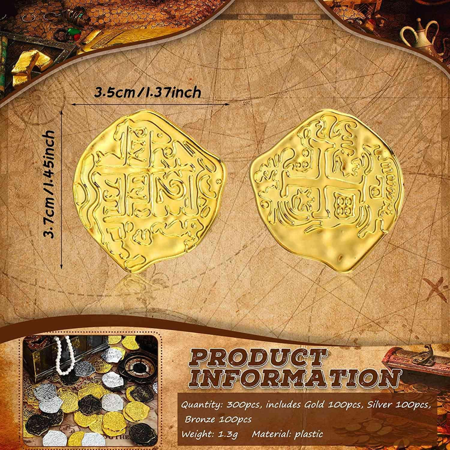 300 Pcs Plastic Gold Coins Pirate Coins Coins for Pirate Treasure Chest Games Tokens Toys Cosplay image number 6