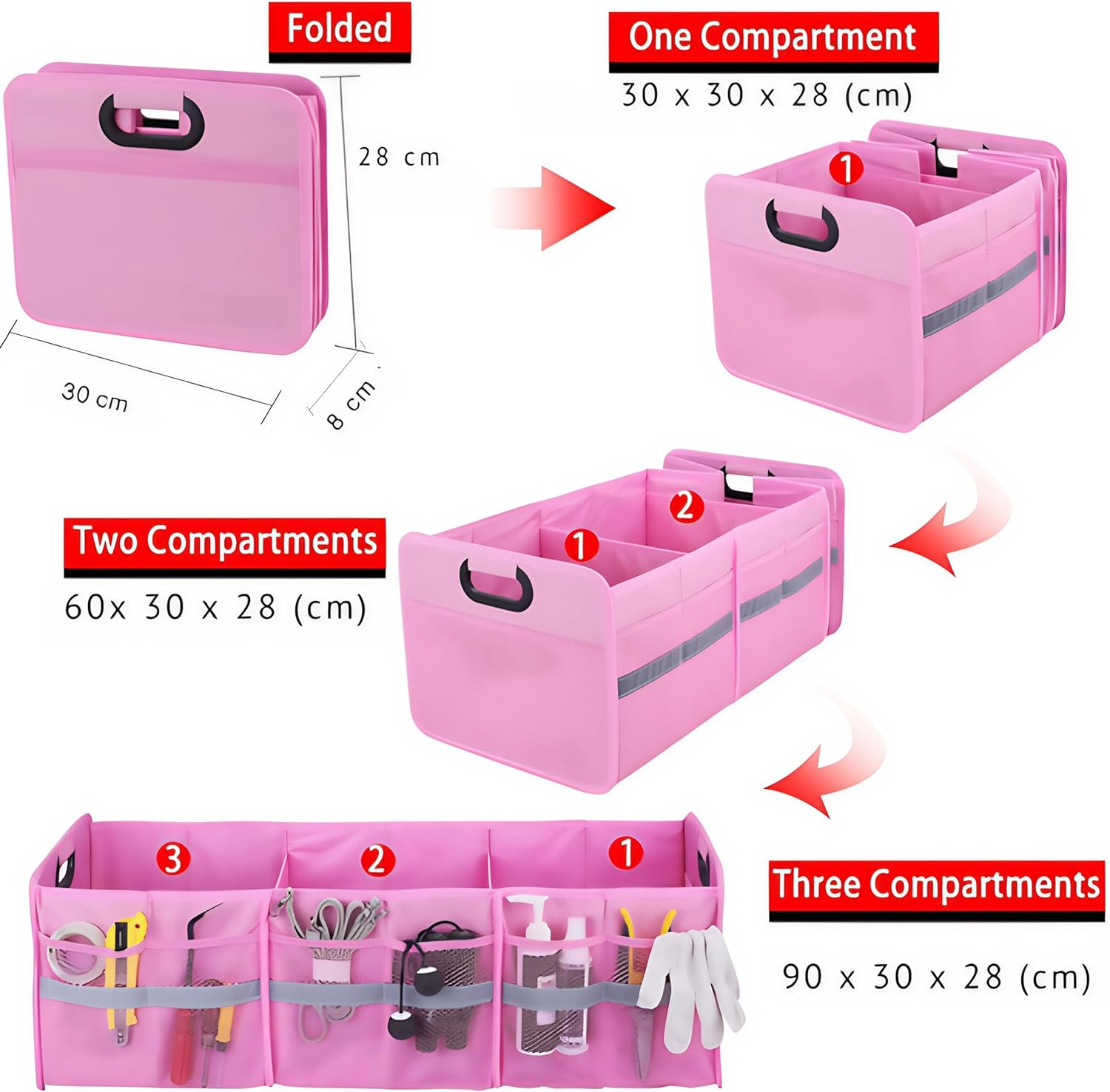 Stylish Pink Car Boot Organizer XL 90CM 100L &ndash; Multi-Compartment Trunk Organizer for Women and Ladies, Ideal for Grocery Shopping, Travel & Daily Car Use image number 5