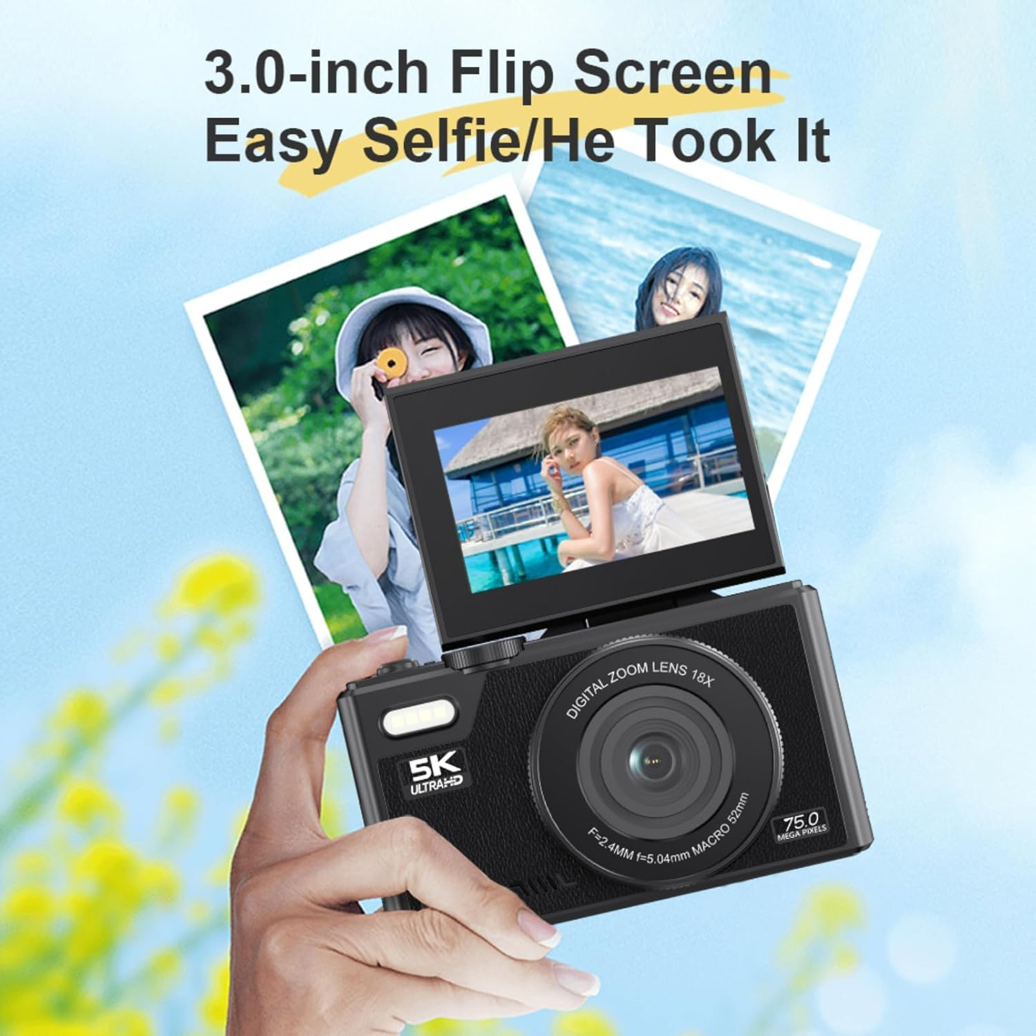 5K 75MP Digital Camera, with 18X Optical Zoom Stabilization, 3 Inch Flip Screen, Retro Digital Camera, Compact Camera, for Travel Photography Vlogging Family image number 6