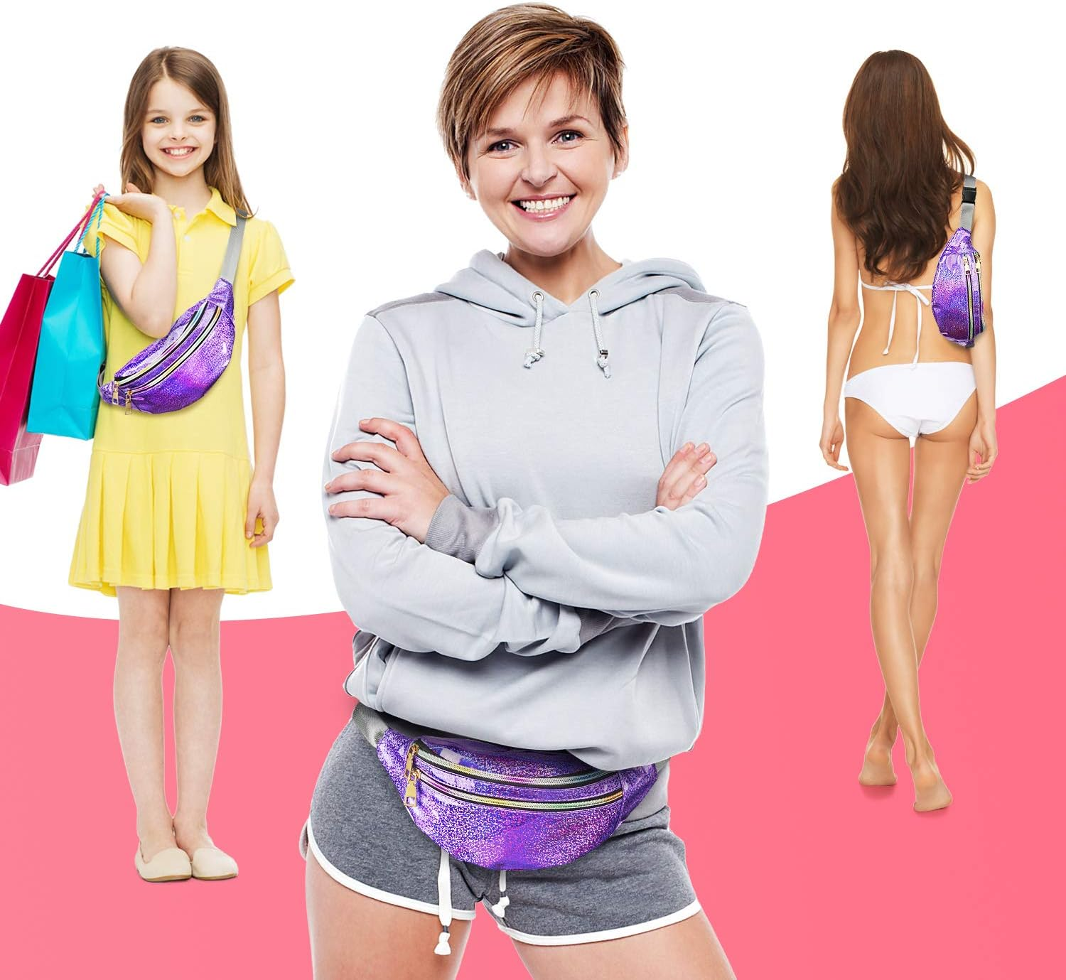 Fanny Pack Belt, Holographic Fanny Packs for Women, Men & Kids - Fashion Waterproof Waist Pack with 3 Pouches & Adjustable Strap - Shiny Causal Bags - Cute Bum Bag - Hip Sacks for Travel image number 4