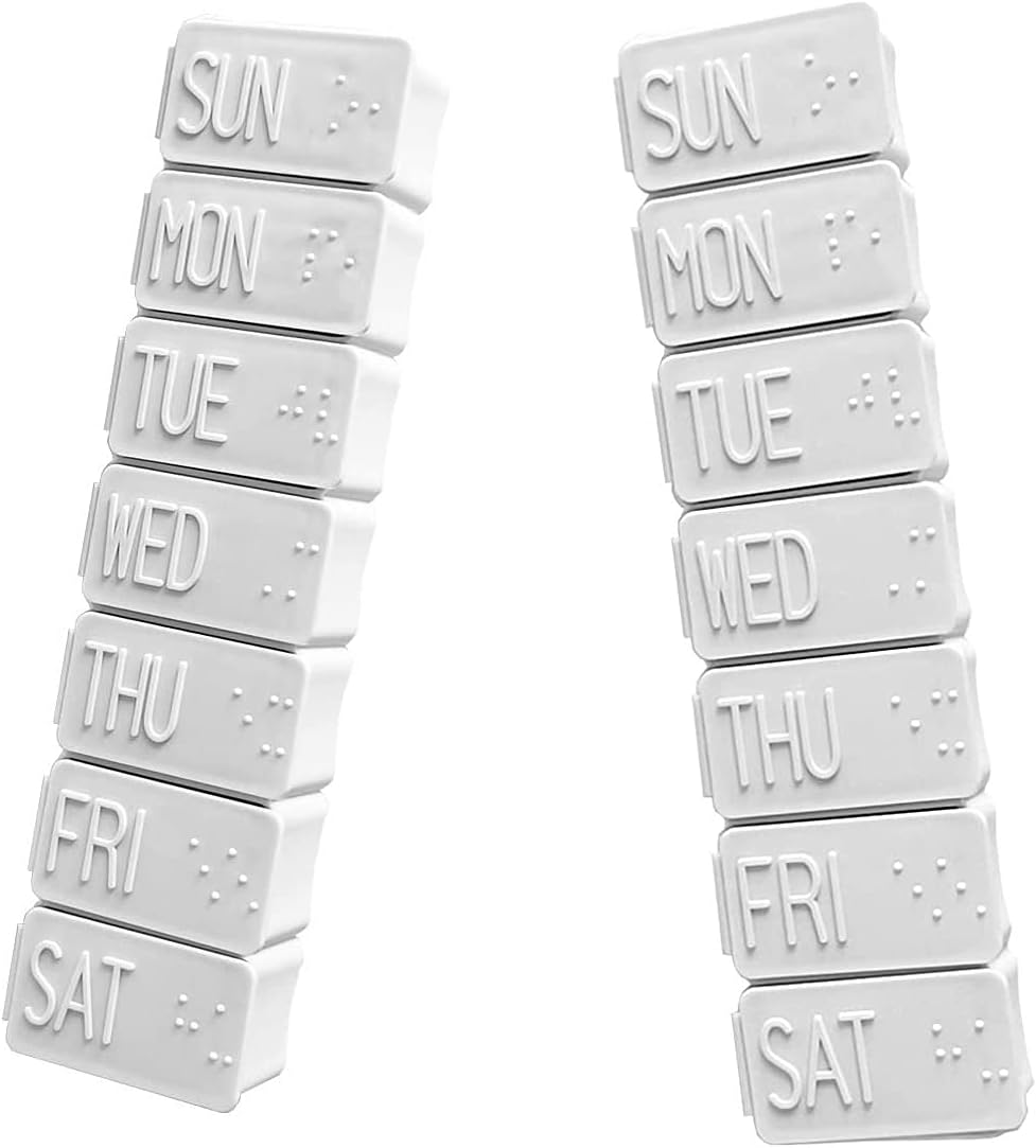 Weekly Pill Organizer, Portable 7 Day Pill Box, Travel Medicine Organiser, Compact Pill Case with Big Letters & Braille Symbol, Daily Pill Dispensers & Reminders for Vitamins, Fish Oils, Supplements (2 PCS Pocket Size, White) image number 6