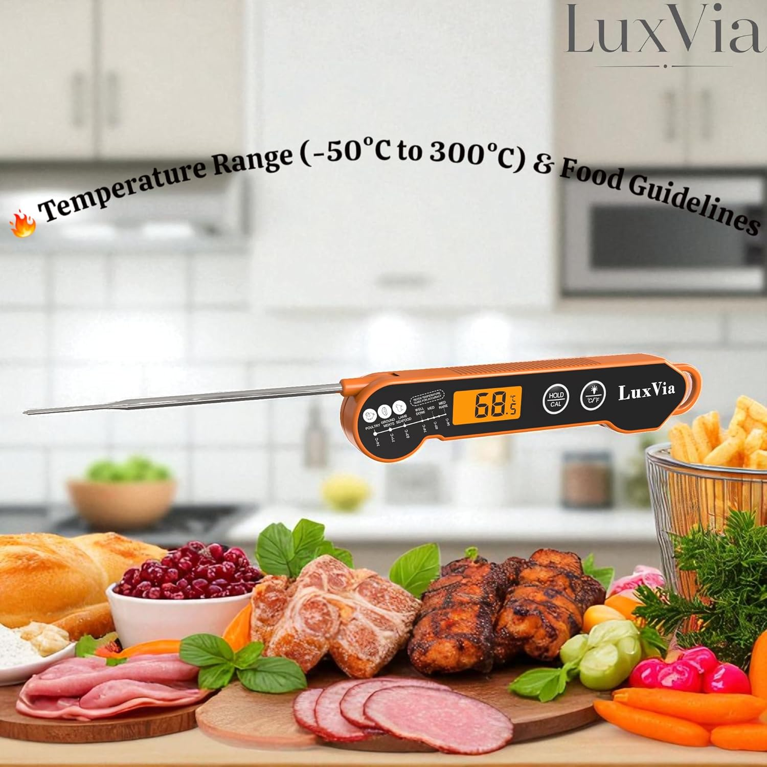 Digital Instant Read Meat Thermometer for Grilling Waterproof Kitchen Food Thermometer with Calibration & Backlight Smoker Oil Fry Candy Thermometer BBQ Grill &plusmn;1 &deg;C Accuracy 2-3S Quick Read (Orange) image number 2