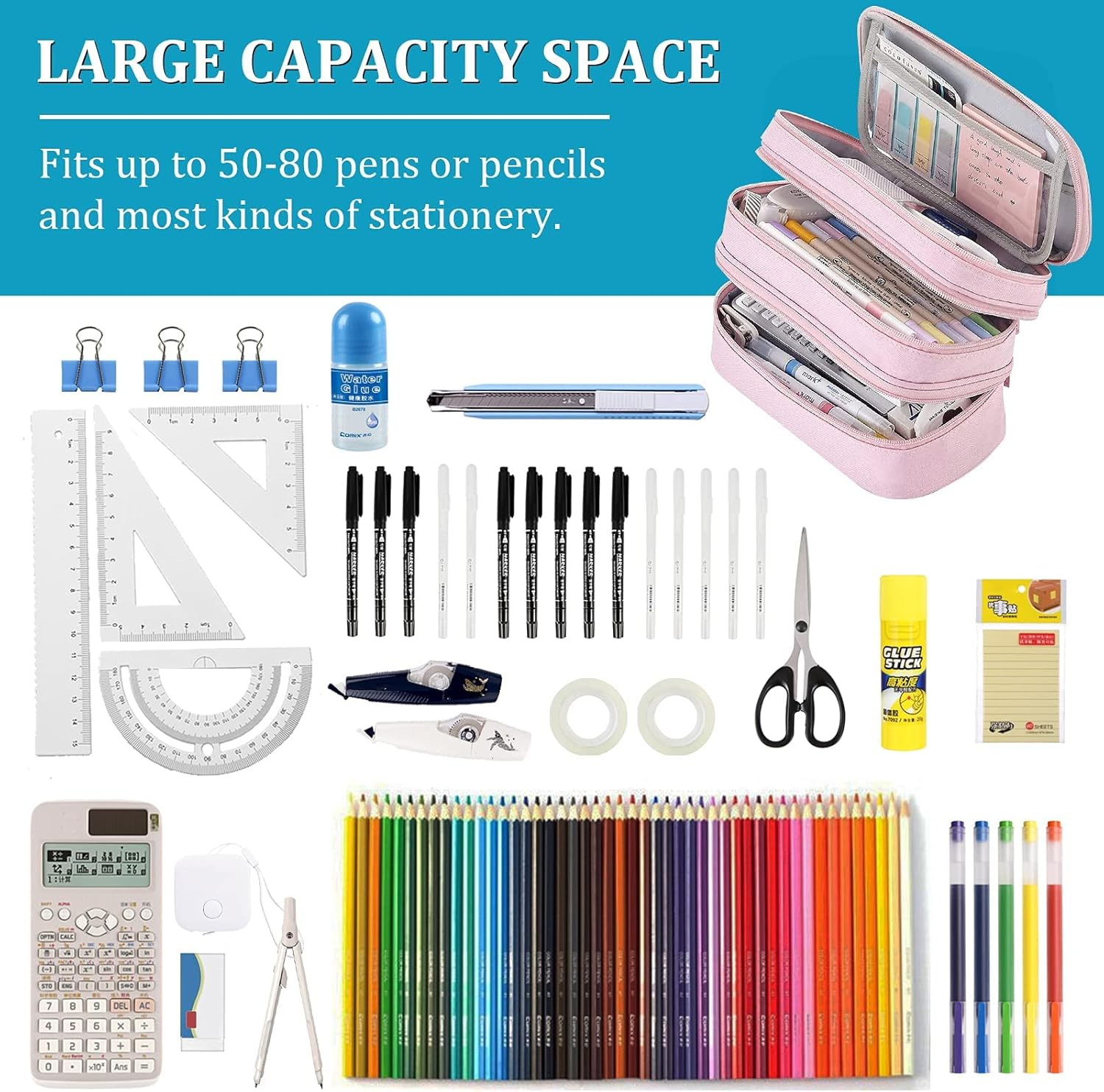 Large Capacity Pen Pencil Case Stationery Storage Large Handle Pen Pouch Bag 3 Layers Pen Pencil Organizer Bag with Double Zipper, Cosmetic Bag for College Students Men Women Girls Adults (Blue) image number 1