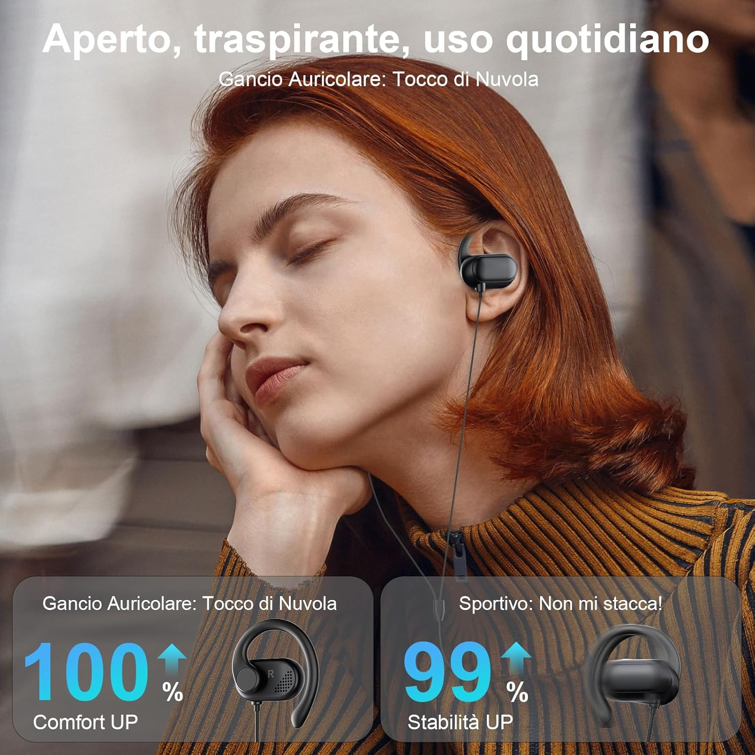 Open Ear Headphones with Cable Sports Headphones with Adjustable Ear Hook Microphone and Volume Control 3.5 Mm Headphones for Samsung A25 Iphone Ipad for MP3 MP4 Laptop Office Workout Music Aeroplane