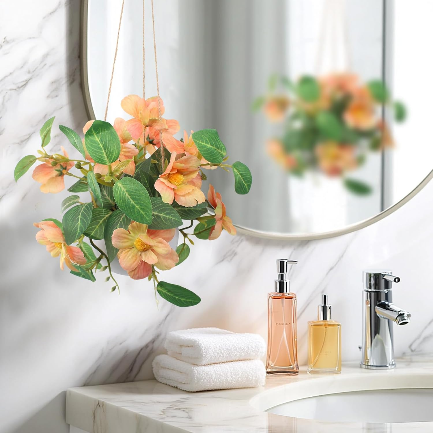 Artificial Hanging Flowers Faux Daisy Bonsai Fake Plants Basket Table Centerpieces for Wedding Office Porch Balcony Home Decor - Orange