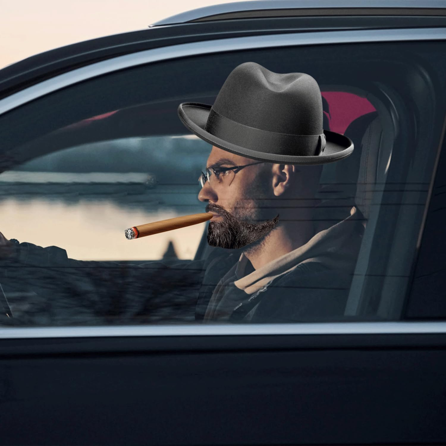 Hat and Cigar Window Decal, Funny the Driving Crooner Decals for Fedora and Cigar Window Decal Funny Car Sticker for Car Truck Driver Women Men (Beard, Black)