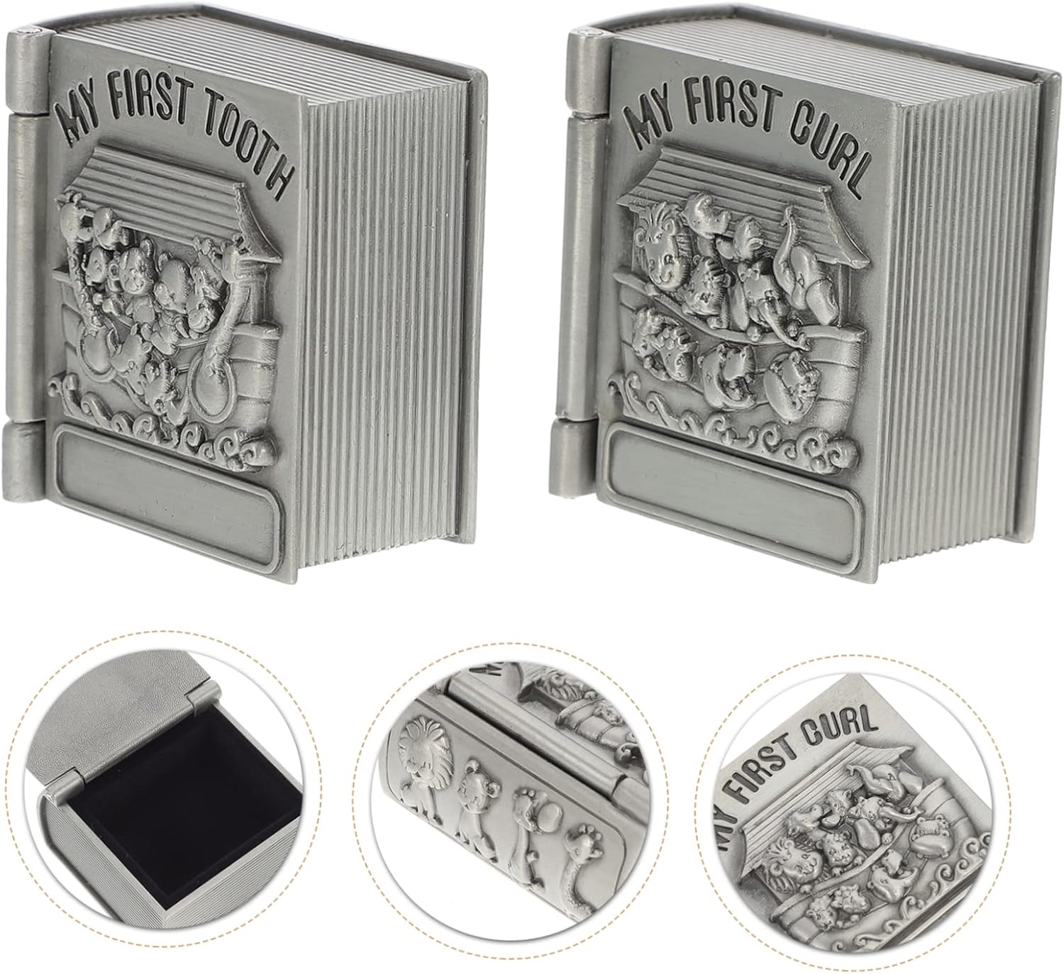 BESPORTBLE Baby First Tooth Cases and First Curl Storage Boxes for Kids, Metal Keepsake Organizers Vintage Treasure Chest Design, Silver Color, 2Pcs Set for Childhood Memory Preservation image number 2