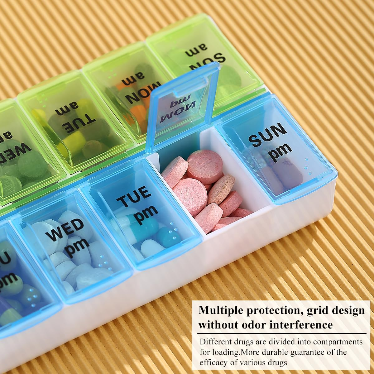 Berglander Pill Organizer 7 Day 2 Times a Day, Large Weekly AM PM Pill Box, Day Night Medicine Organizer, Pill Case 2 per Day, Pill Container Twice a Day Blue and Green Lid image number 2