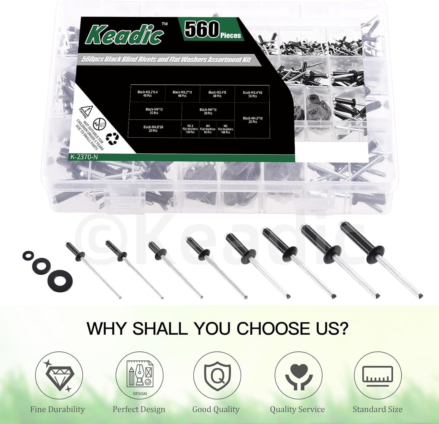 Keadic 560Pcs Pop Rivets Assortment Kit with Backup Washers, M2.4 M3.2 M4 M4.8 8 Sizes Aluminum Blind Rivets for Automotive, Marine, Ships (Black) image number 2