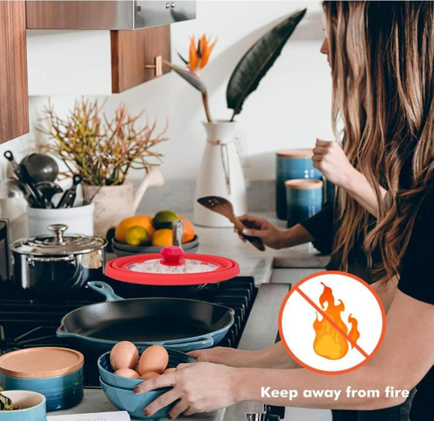 Viviendo Universal Silicone Lid, Collapsible Microwave Tempered Glass Cover and Multifunction Silicone Splatter Guard Lid - Large Red image number 3