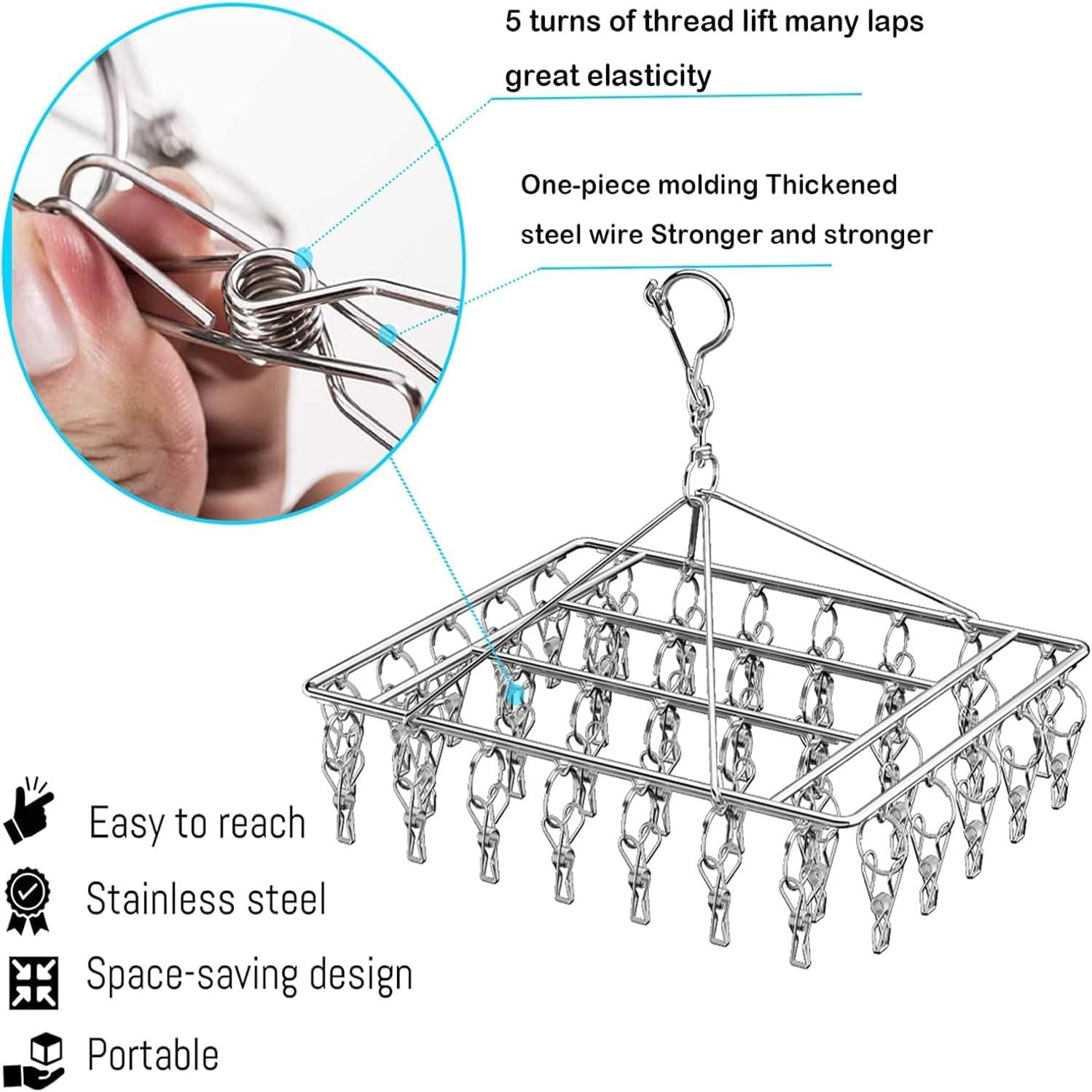 Clothes Drying Rack with 40 Clips,Stainless Steel Laundry Clothesline Hanging Rack, Anti-Wind Drying Clothes Hanger Hook, Drip Hangers Clothes Drying Rack for Underwear Towel Scarves Socks (Silver) image number 2