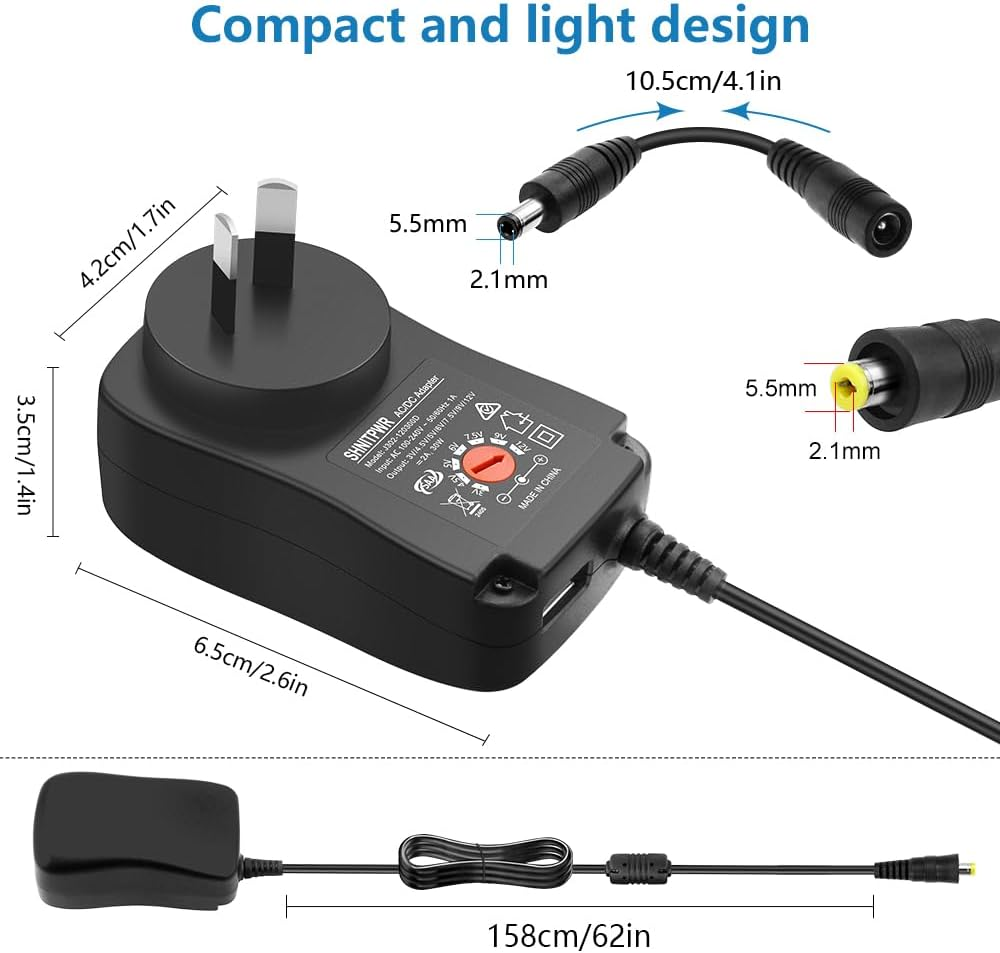 SHNITPWR 30W Universal Power Supply 3V 4.5V 5V 6V 7.5V 9V 12V Adjustable Variable AC/DC Adapter with 5V 2.1A USB Port, 100V-240V AC to DC 3V~12V Converter 3A 2.5A 2A 1.5A 1A Max with 14 Tips image number 3