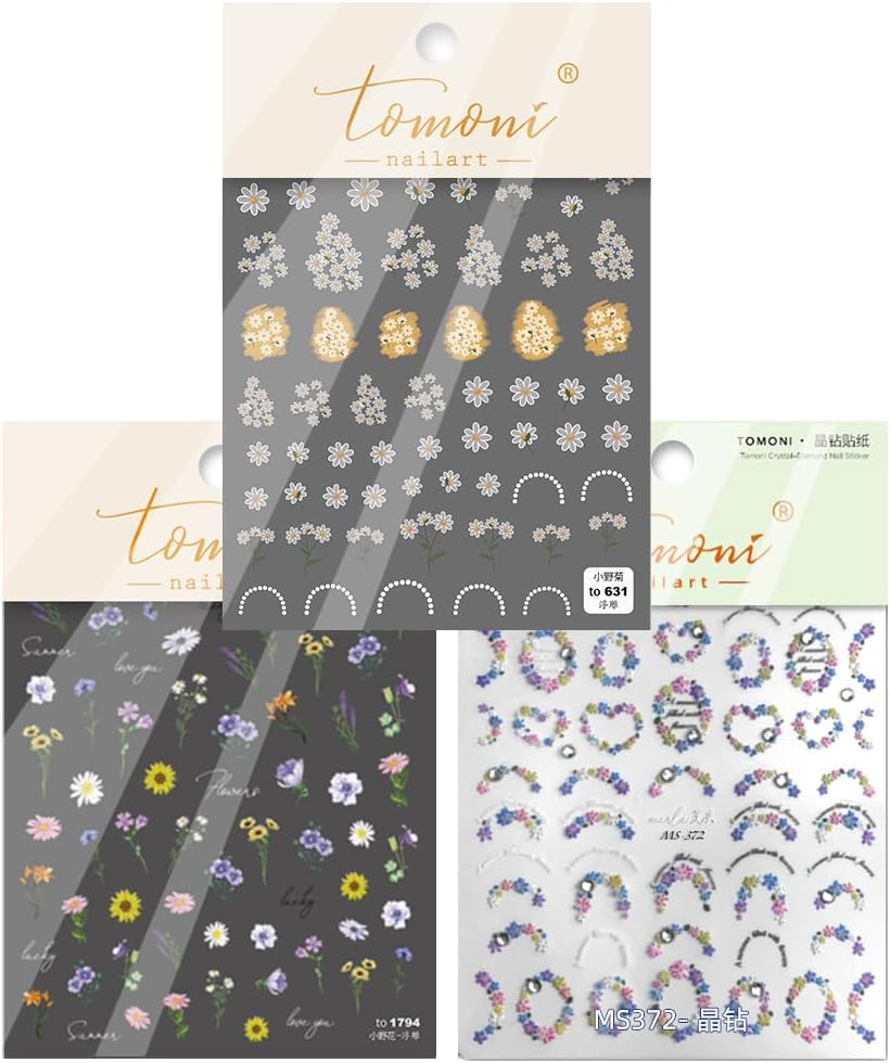 3Sheets 5D Nail Art Sticker Embossed French Pearls Flowers Sunflower Daisy Spring Self-Adhesive Nail Art Decal Supplies Stick Tip for Salon DIY Acrylic Nails Design (Flower)