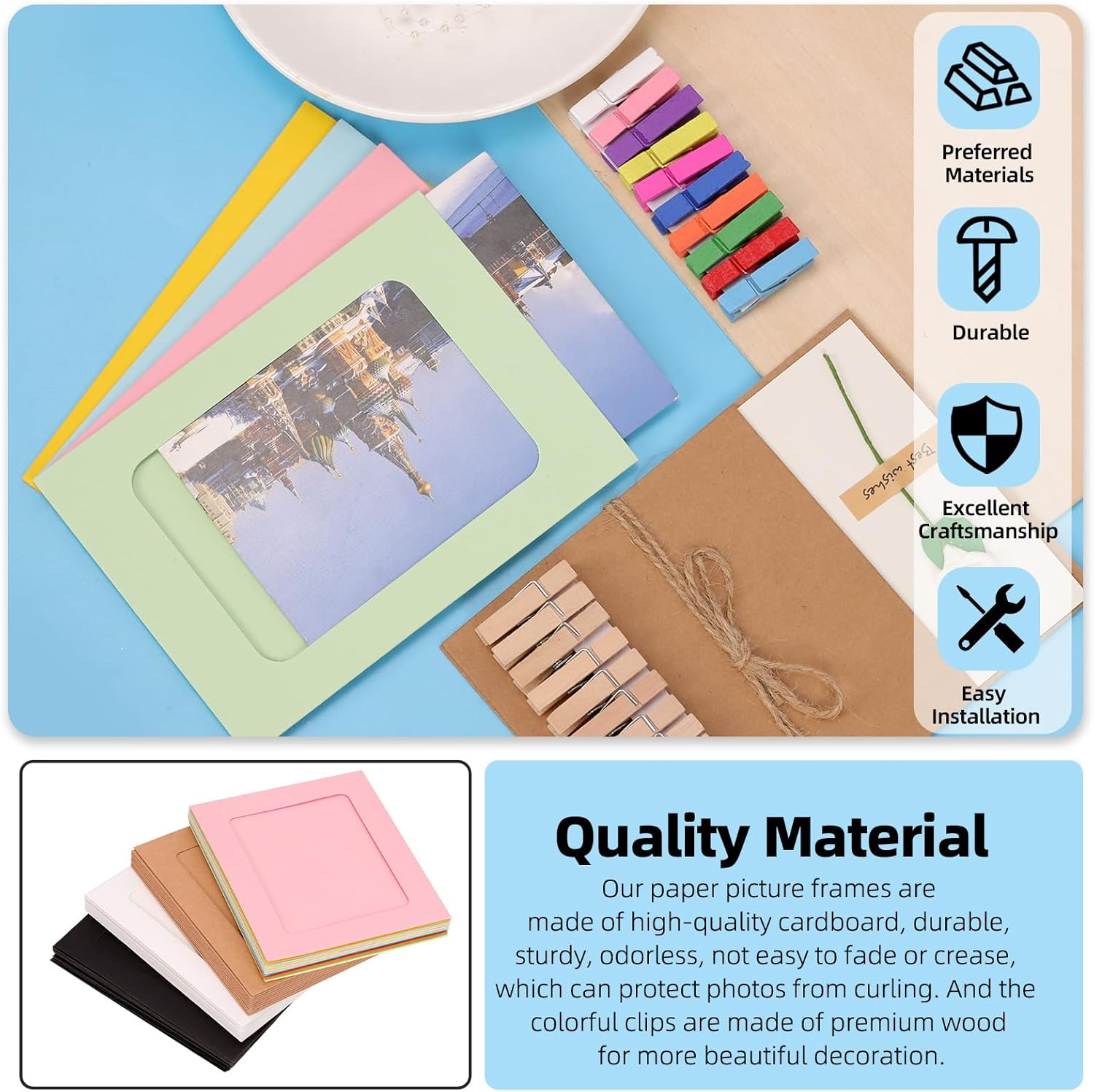 Glarks 84Pcs 177.8Mm Cardboard Picture Frames, Colorful DIY Photo Hanging Display with Clips and Strings for Home School Party Office Wall Decor image number 6