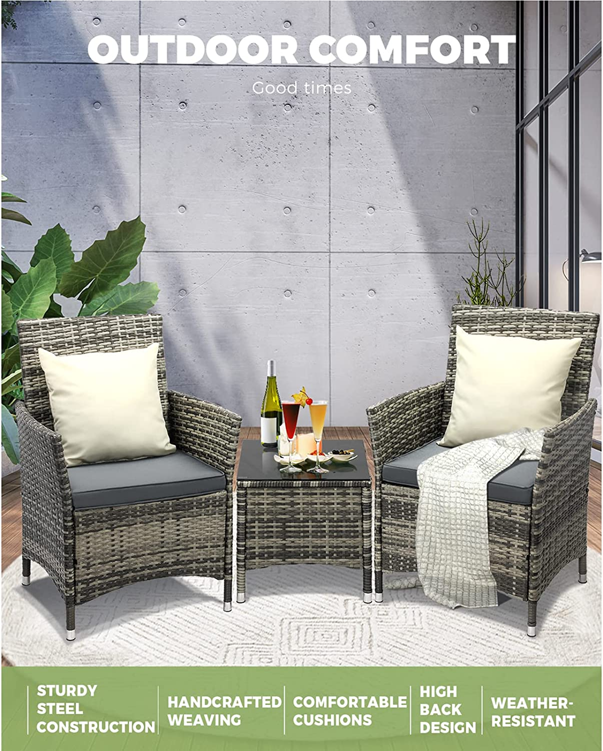 Livsip 3Pcs Outdoor Furniture Table and Chairs with Pillow Grey - Busttro-3Pcs-Black image number 3