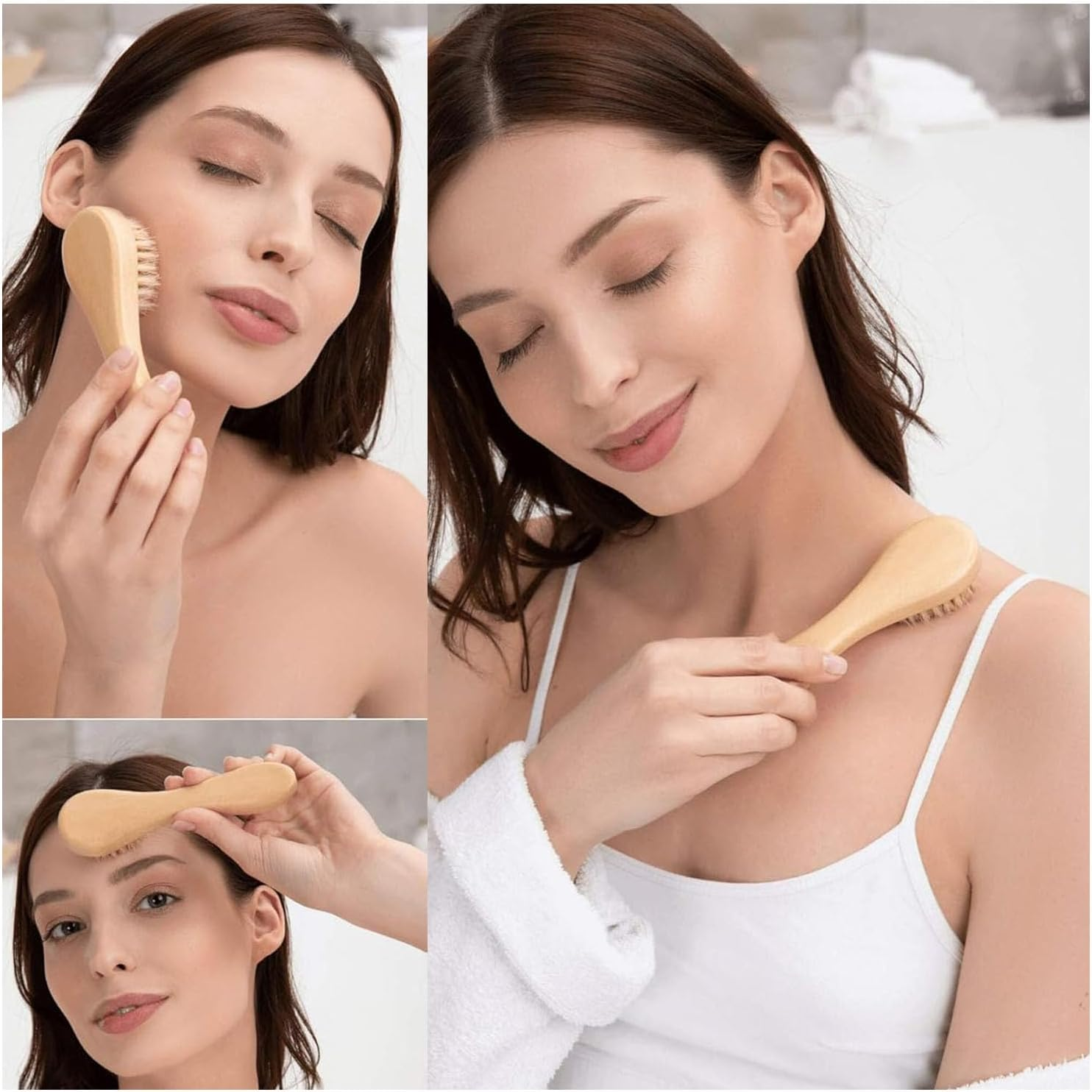 Shengsenfu 5 Pcs Dry Brushing Body Brush Set - Wood Long Handle Back Scrubber Brush, Face Brush, Feet Brush, Massage Nodules Brush for Lymphatic Drainage, Natural Boar Bristle Body Brush, Radiant Skin image number 1