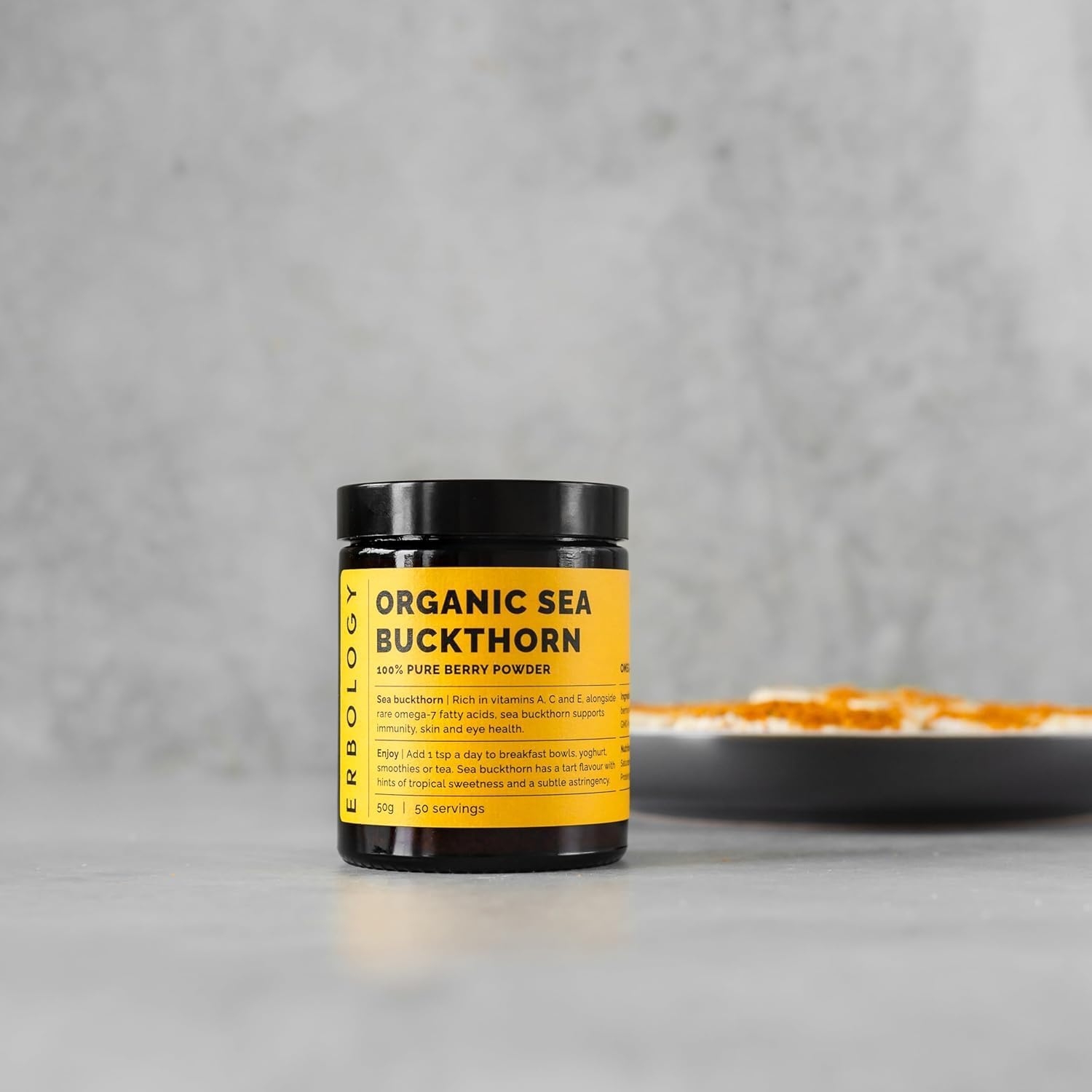 Erbology Organic Sea Buckthorn Powder 50G - 50 Servings - Skin Health and Immunity Support - Rich in Omega-7 (6.5%), Vitamin C and Beta-Carotene - Seeds Removed, More Concentrated - Vegan image number 4
