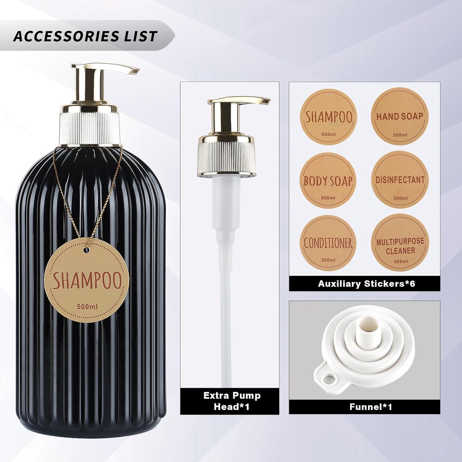 DEROANBOTT Bathroom Shampoo and Conditioner Dispenser, Reusable Plastic Bottles for Shampoo and Shower Gel, with Waterproof Labels, Soap Dispenser with Pump (Black) - Transparent image number 5