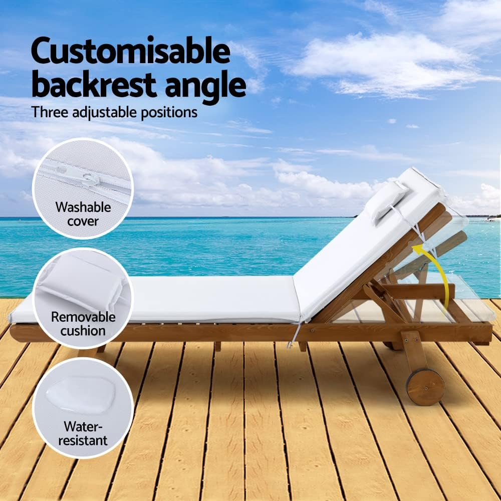 Gardeon Sun Lounge Camping Chair Wooden Wood Lounger, Chaise Beach Chairs Outdoor Furniture Garden Patio Setting Pool Backyard, with Wheels Cushion Pillow Adjustable Backrest White image number 6