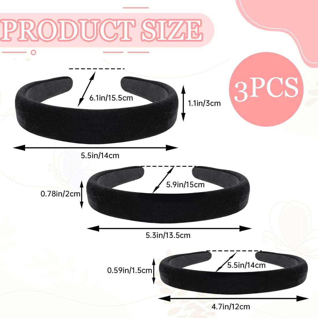 Set of 3 Velvet Hair Bands for Women, Black Hair Bands, Wide, Medium and Thin Hair Accessories, Fashion Hair Accessories for Women and Girls image number 1