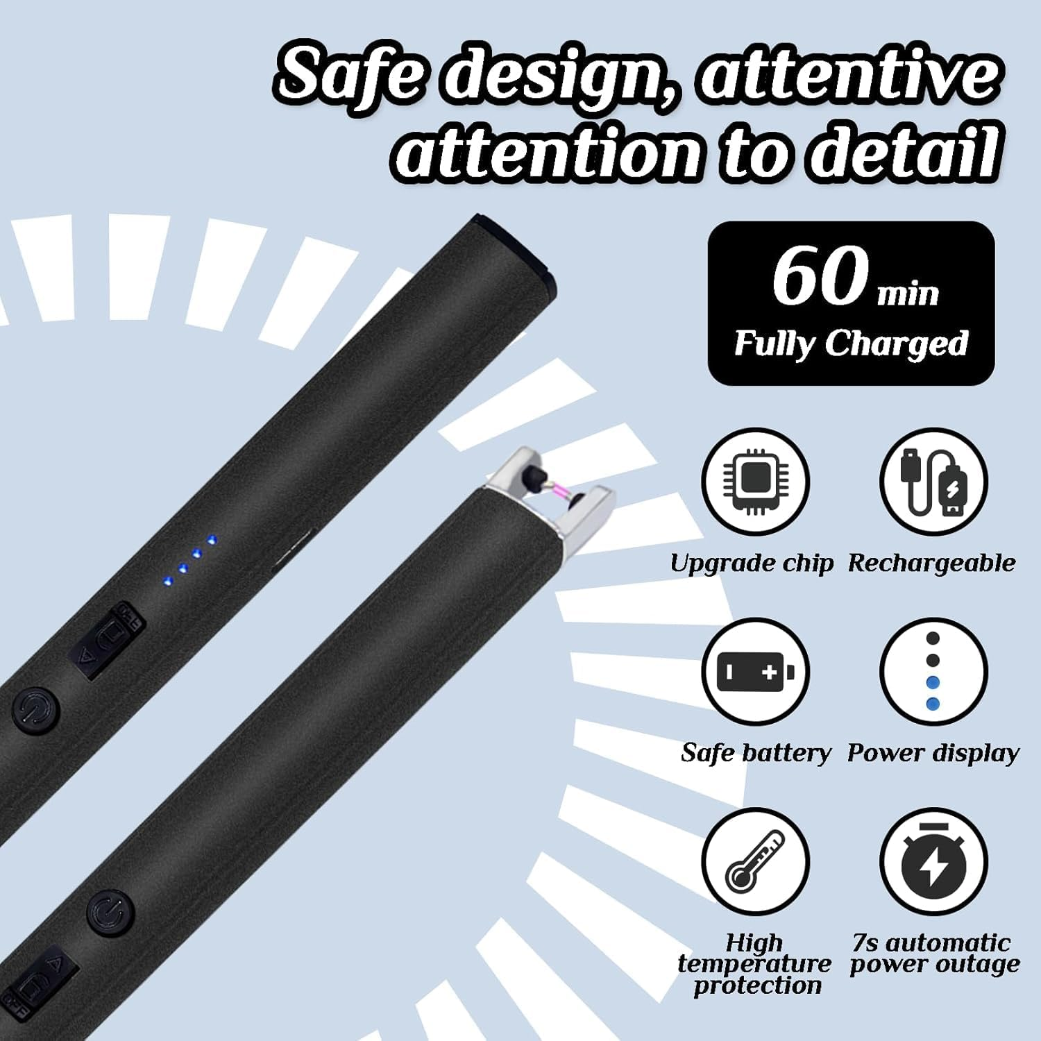 Ronluuu 2 PCS Candle Lighter, Windproof Flameless Electric Lighter with LED Power Display ＆ Safety Switch, Upgraded Plasma USB Rechargeable Lighter for Birthday Camping BBQ (Black)