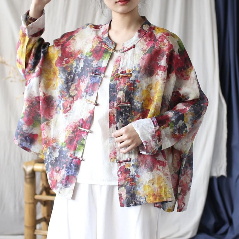 Vintage Long-Sleeve Hand-Made Frog-Button Loose Cardigan Jacket for Women image number 6