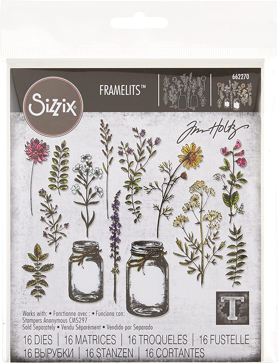 Sizzix Die Set, Flower Jar by Tim Holtz, 16 Pack, Multi Color, One Size Framelits, Multicolor
