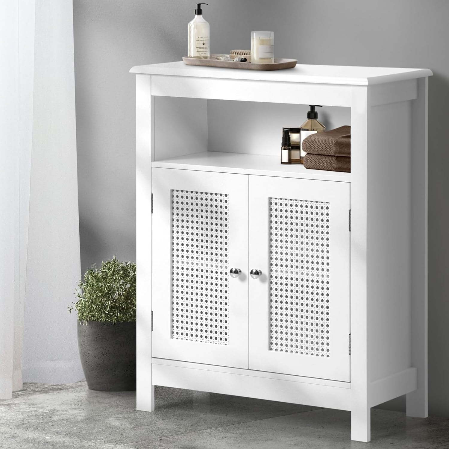Oikiture 80Cm Bathroom Storage Cabiner with 3 Shelves and Rattan Door Hallway Sideboard Cupboard Standing Floor Buffet Side Cabinet White