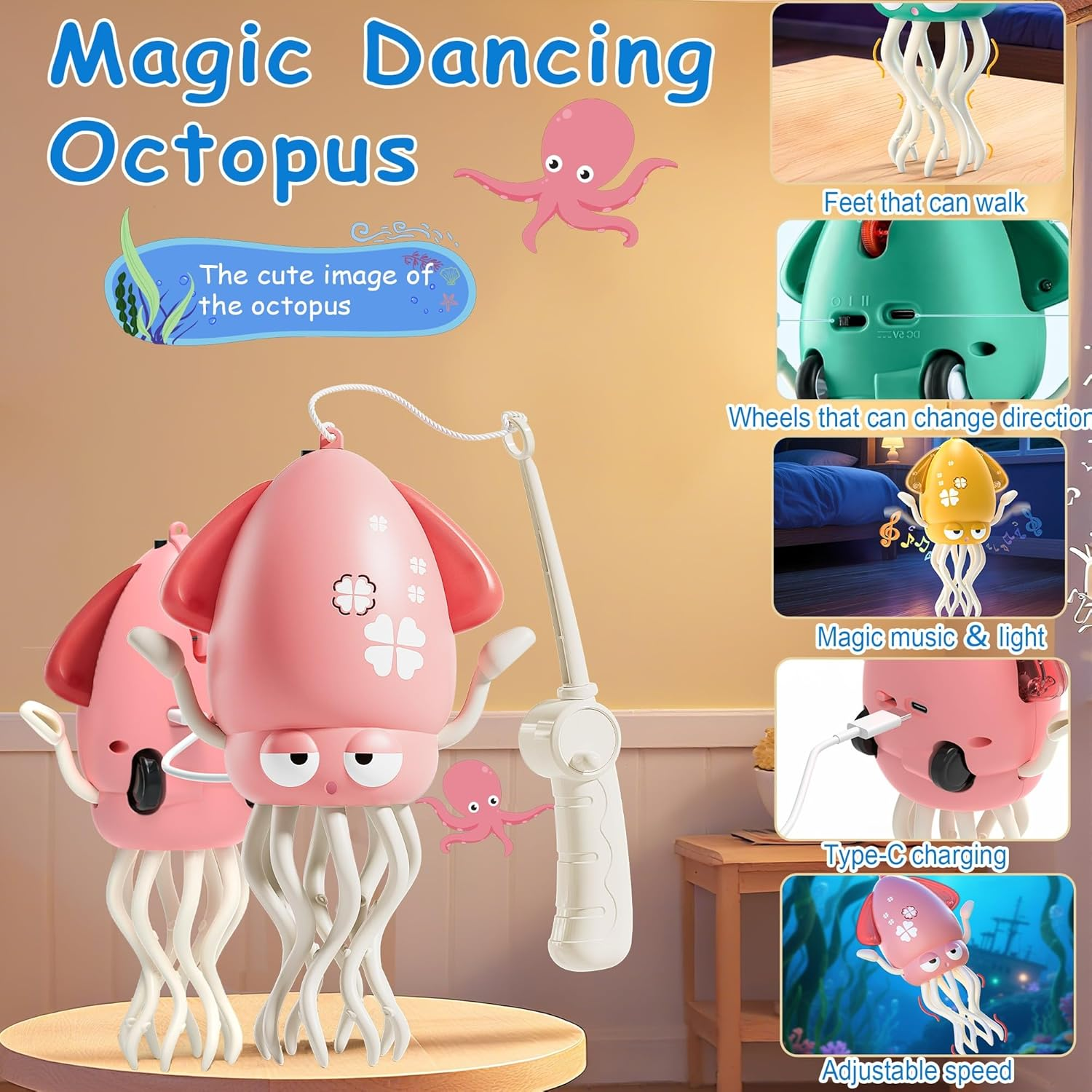 Electric Dancing Octopus Baby Toy, Crawling Octopus Tummy Time Toy with LED & Music, Rechargeable Upright＆Crawling Squid Interactive Toys, Toddlers Walking Toy for 3 4 5 6 Year Boy Girl Gifts (Pink) - Green image number 3