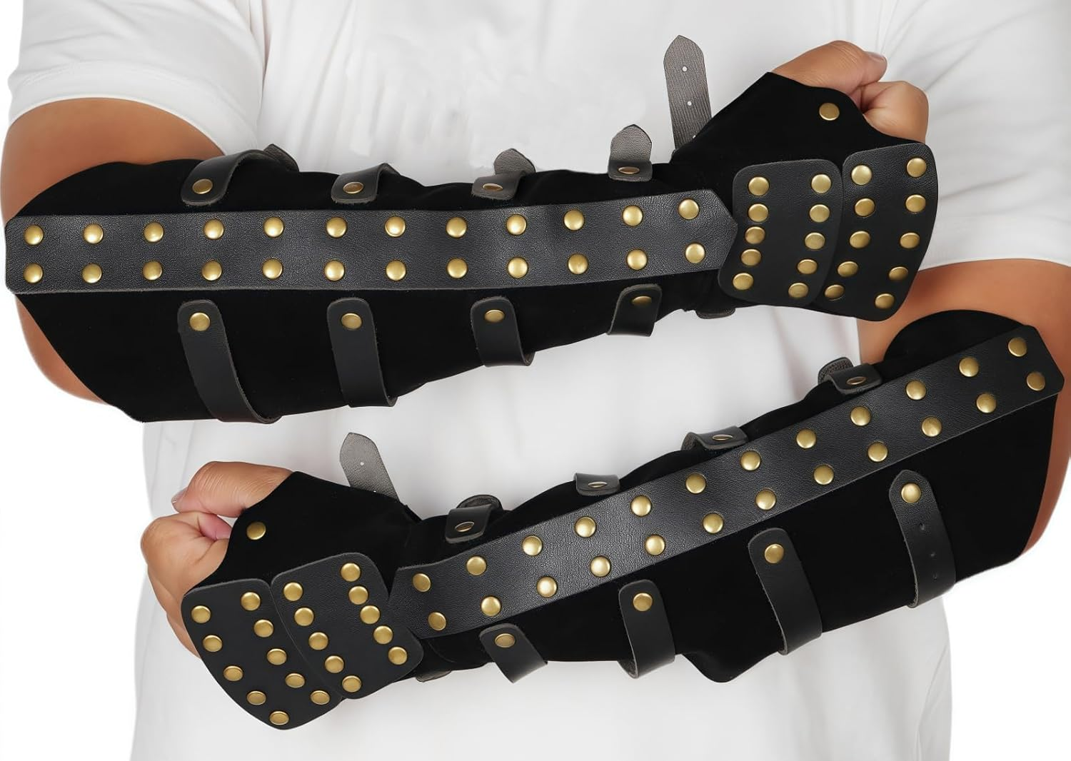 XWXLDD Medieval Leather Arm Guards with Brass Studs, Black, Adjustable Buckle Straps - Black image number 2