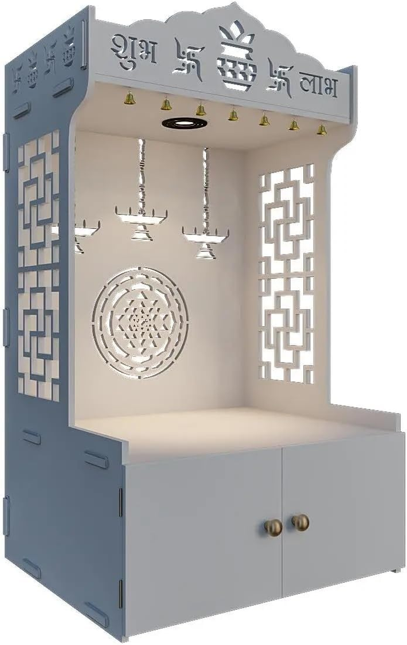 Divine Timeless Wooden Temple for Home with Inbuilt Focus Light- White Color Finish image number 3