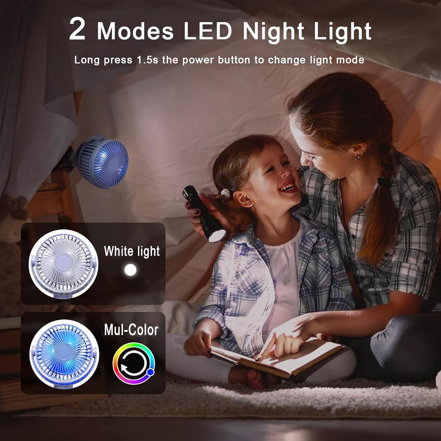 8000Mah Portable Stroller Fan, 27H Ultra-Long Battery Life Detachable 4 Speed 360&deg;Rotate LED Night Light with 2 Modes, USB Rechargeable Handheld Cooling Fan for Travel/Car Seat/Bedroom,Purple image number 2